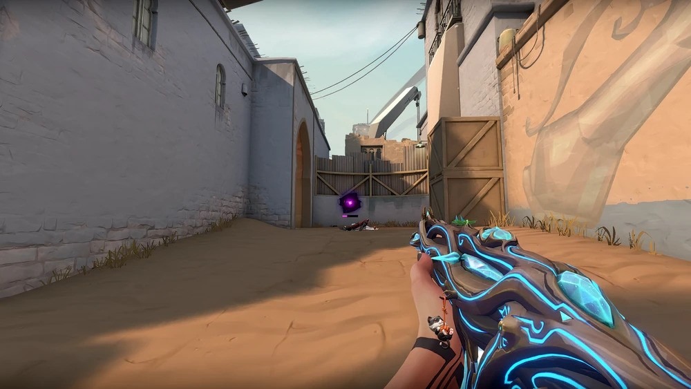 Pirmojo asmens vaizdas, kaip Reyna žiūri į sielos orbą ant žemės, iliustruojantį jos agresyvius Valorant agentus pasyvius