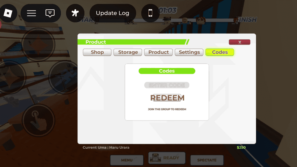 Vaizdas, kuriame pateikiami veiksmai, skirti išpirkti Uma lenktynių kodus