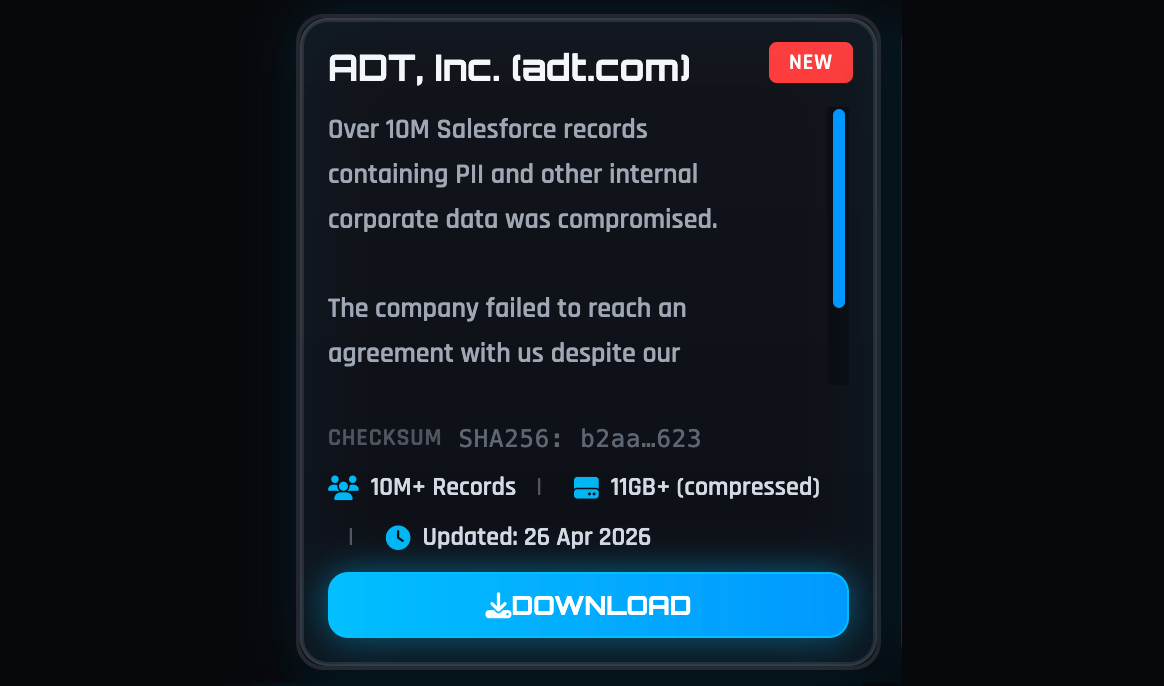 ADT „ShinyHunters“ nutekėjimo svetainėje